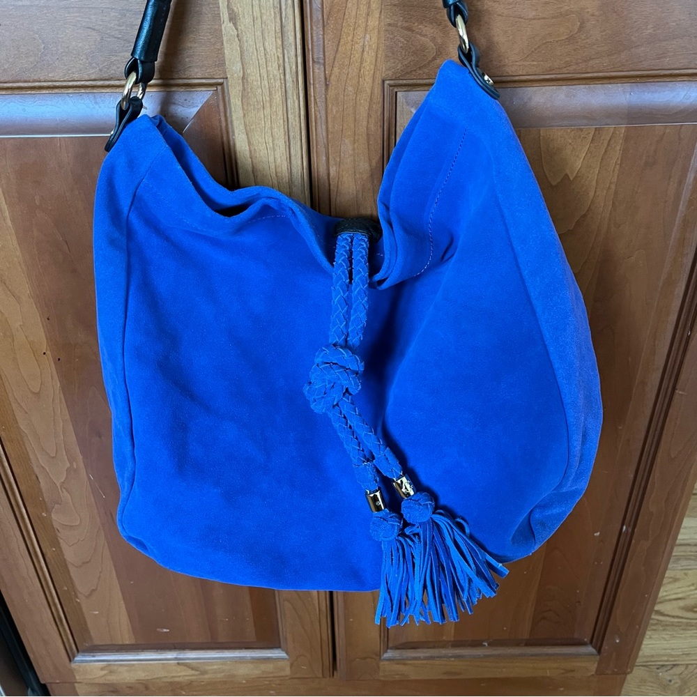 C. Wonder Blue Suede Slouch Hobo Bag with Leather Strap and Tassel